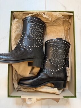 NWT INSANE GUCCI Double G Black Studded Leather Cowboy Boots